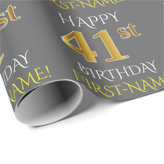 Grijs Faux Gold "HAPPY 41st BIRTHDAY" Cadeaupapier (Rol Hoek)