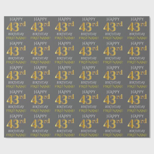 Grijs Faux Gold "HAPPY 43rd BIRTHDAY" Cadeaupapier (Vlak)