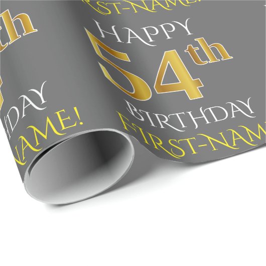Grijs Faux Gold "HAPPY 54th BIRTHDAY" Cadeaupapier (Rol Hoek)
