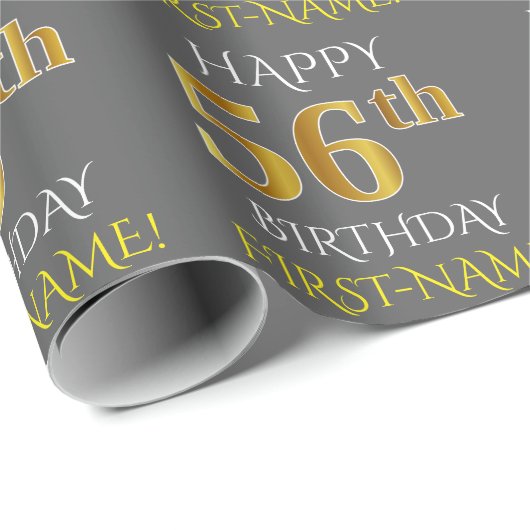 Grijs Faux Gold "HAPPY 56th BIRTHDAY" Cadeaupapier (Rol Hoek)