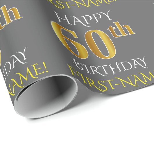 Grijs, Faux Gold "HAPPY 60th BIRTHDAY" Cadeaupapier (Rol Hoek)