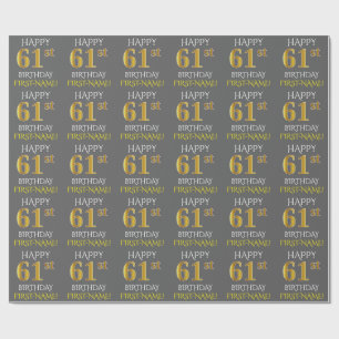 Grijs Faux Gold "HAPPY 61st BIRTHDAY" Cadeaupapier
