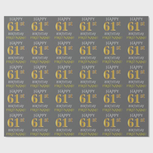 Grijs Faux Gold "HAPPY 61st BIRTHDAY" Cadeaupapier (Vlak)