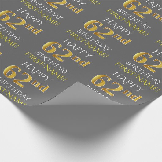 Grijs, Faux Gold "HAPPY 62nd BIRTHDAY" Cadeaupapier (Hoek)