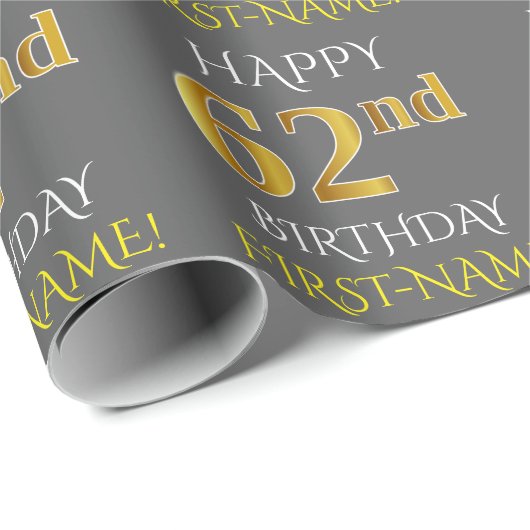 Grijs, Faux Gold "HAPPY 62nd BIRTHDAY" Cadeaupapier (Rol Hoek)