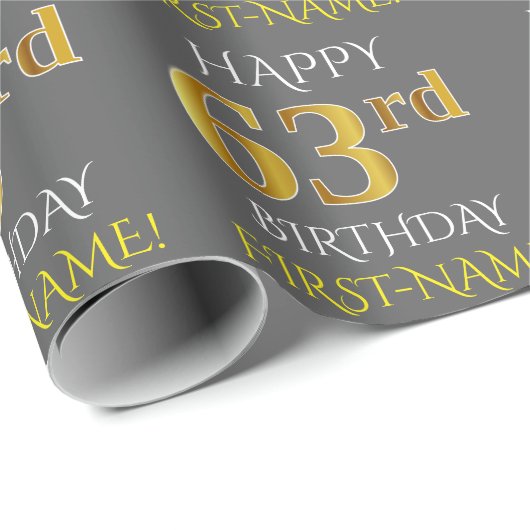 Grijs, Faux Gold "HAPPY 63rd BIRTHDAY" Cadeaupapier (Rol Hoek)
