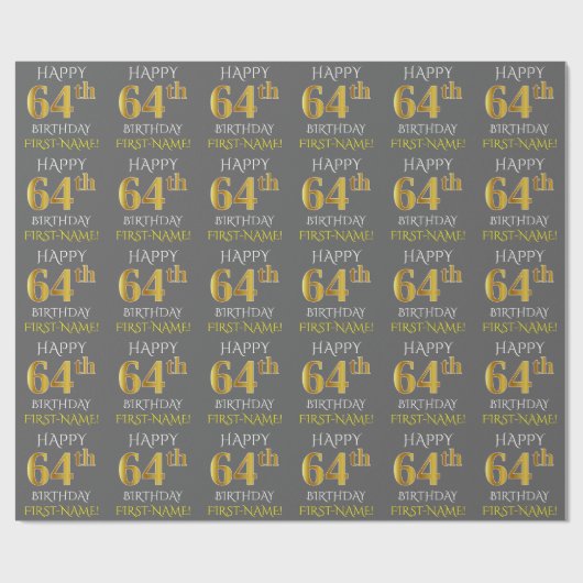 Grijs, Faux Gold "HAPPY 64th BIRTHDAY" Cadeaupapier (Vlak)