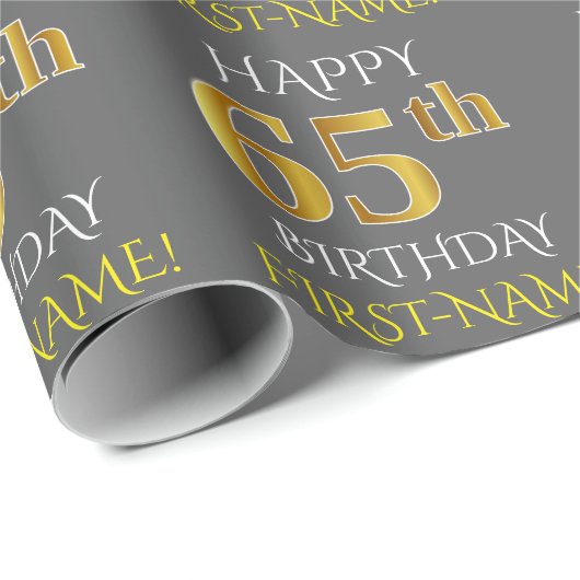 Grijs Faux Gold "HAPPY 65th BIRTHDAY" Cadeaupapier (Rol Hoek)