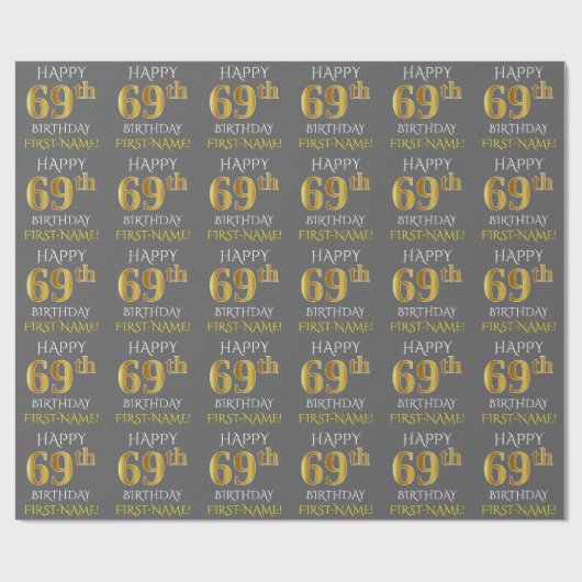 Grijs Faux Gold "HAPPY 69th BIRTHDAY" Cadeaupapier (Vlak)