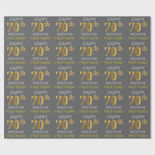 Grijs, Faux Gold "HAPPY 70th BIRTHDAY" Cadeaupapier (Vlak)