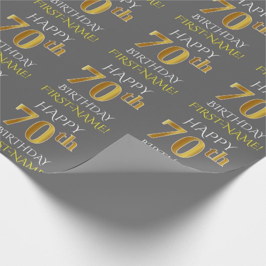 Grijs, Faux Gold "HAPPY 70th BIRTHDAY" Cadeaupapier (Hoek)
