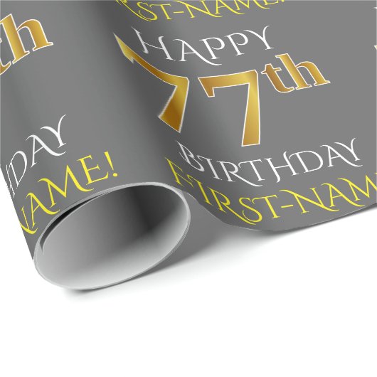 Grijs, Faux Gold "HAPPY 77th BIRTHDAY" Cadeaupapier (Rol Hoek)