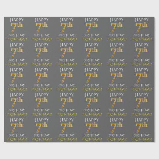 Grijs, Faux Gold "HAPPY 7th BIRTHDAY" Cadeaupapier (Vlak)
