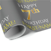 Grijs, Faux Gold "HAPPY 7th BIRTHDAY" Cadeaupapier (Rol Hoek)