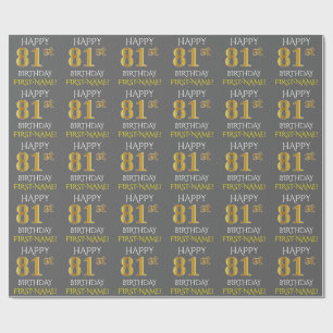 Grijs, Faux Gold "HAPPY 81st BIRTHDAY" Cadeaupapier
