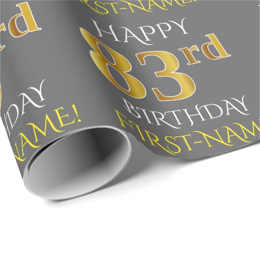 Grijs, Faux Gold "HAPPY 83rd BIRTHDAY" Cadeaupapier (Rol Hoek)