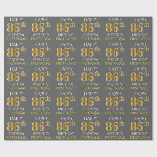 Grijs, Faux Gold "HAPPY 86th BIRTHDAY" Cadeaupapier (Vlak)