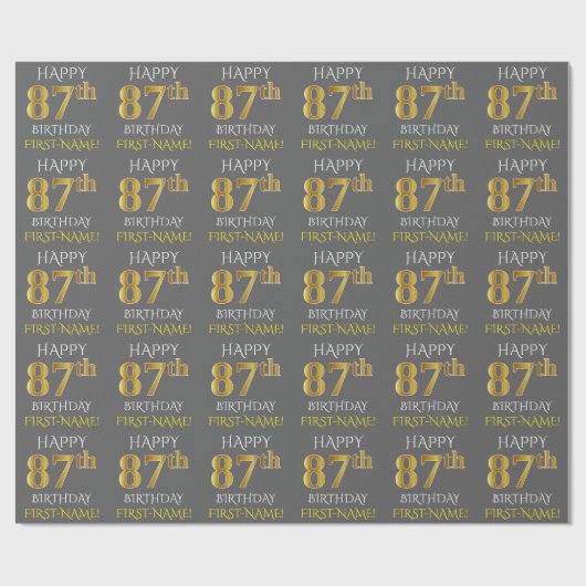 Grijs, Faux Gold "HAPPY 87th BIRTHDAY" Cadeaupapier (Vlak)