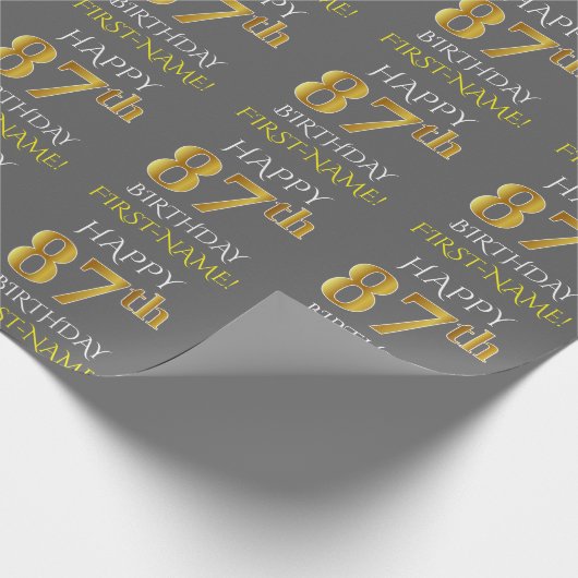 Grijs, Faux Gold "HAPPY 87th BIRTHDAY" Cadeaupapier (Hoek)