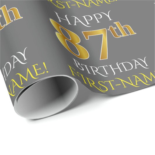 Grijs, Faux Gold "HAPPY 87th BIRTHDAY" Cadeaupapier (Rol Hoek)