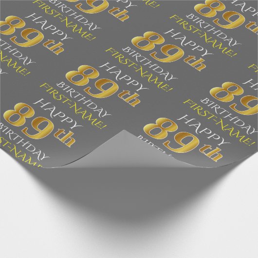 Grijs, Faux Gold "HAPPY 89th BIRTHDAY" Cadeaupapier (Hoek)