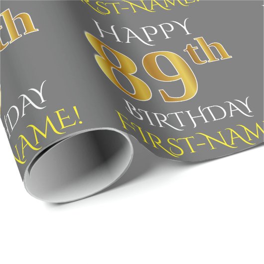 Grijs, Faux Gold "HAPPY 89th BIRTHDAY" Cadeaupapier (Rol Hoek)