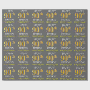 Grijs, Faux Gold "HAPPY 90th BIRTHDAY" Cadeaupapier