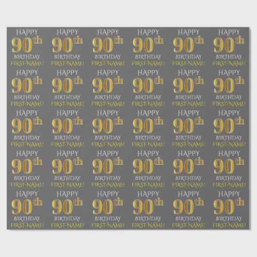 Grijs, Faux Gold "HAPPY 90th BIRTHDAY" Cadeaupapier (Vlak)