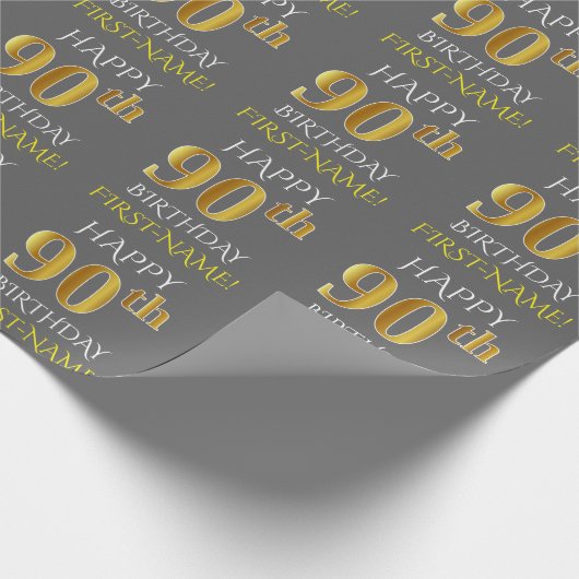Grijs, Faux Gold "HAPPY 90th BIRTHDAY" Cadeaupapier (Hoek)