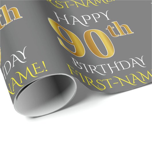 Grijs, Faux Gold "HAPPY 90th BIRTHDAY" Cadeaupapier (Rol Hoek)