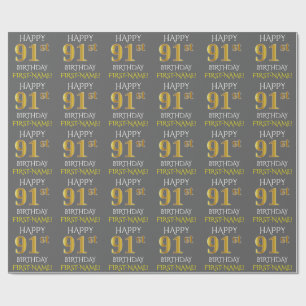 Grijs, Faux Gold "HAPPY 91st BIRTHDAY" Cadeaupapier