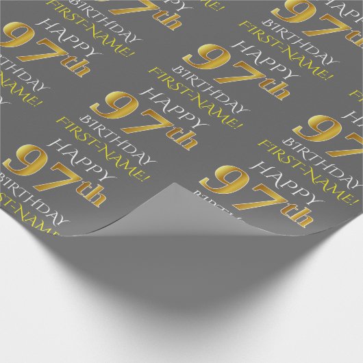 Grijs, Faux Gold "HAPPY 97th BIRTHDAY" Cadeaupapier (Hoek)