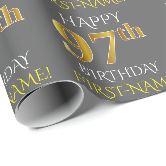 Grijs, Faux Gold "HAPPY 97th BIRTHDAY" Cadeaupapier (Rol Hoek)
