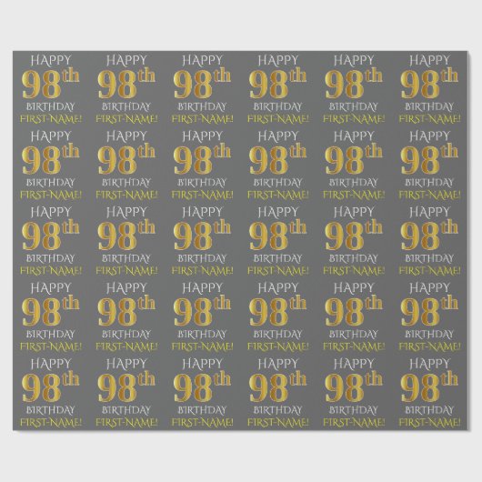 Grijs, Faux Gold "HAPPY 98th BIRTHDAY" Cadeaupapier (Vlak)