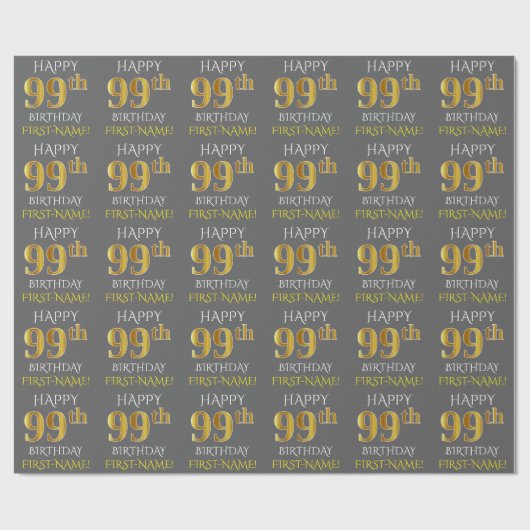 Grijs, Faux Gold "HAPPY 99th BIRTHDAY" Cadeaupapier (Vlak)