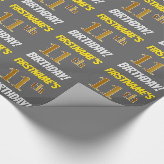 Grijs, Faux/Imitatie Goud, "11e VERJAARDAG" Cadeaupapier (Hoek)