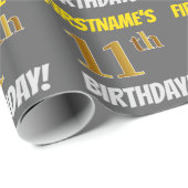 Grijs, Faux/Imitatie Goud, "11e VERJAARDAG" Cadeaupapier (Rol Hoek)