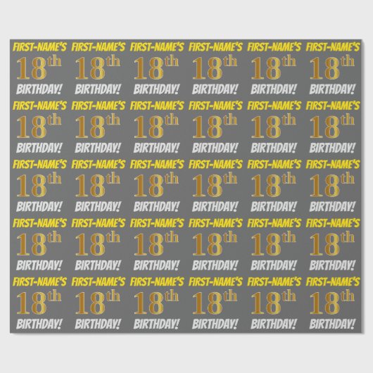 Grijs, Faux/Imitatie Goud, "18e VERJAARDAG" Cadeaupapier (Vlak)