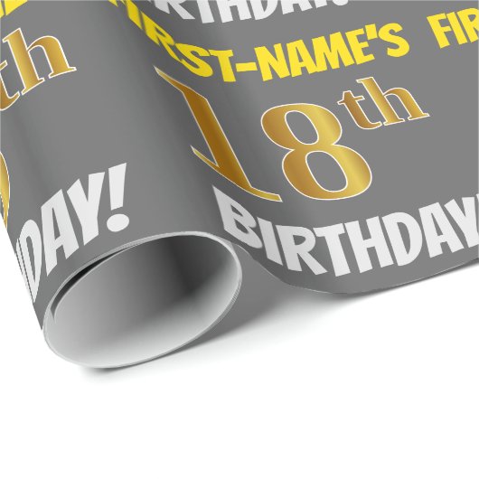 Grijs, Faux/Imitatie Goud, "18e VERJAARDAG" Cadeaupapier (Rol Hoek)