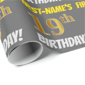 Grijs, Faux/Imitatie Goud, "19e VERJAARDAG" Cadeaupapier (Rol Hoek)