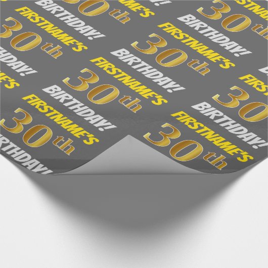 Grijs, Faux/Imitatie Goud, "30e VERJAARDAG" Cadeaupapier (Hoek)