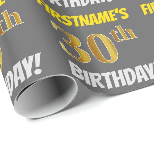 Grijs, Faux/Imitatie Goud, "30e VERJAARDAG" Cadeaupapier (Rol Hoek)
