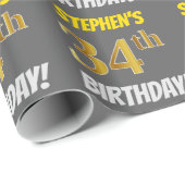 Grijs, Faux/Imitatie Goud, "34e VERJAARDAG" Cadeaupapier (Rol Hoek)