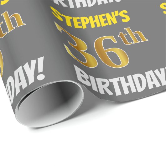 Grijs, Faux/Imitatie Goud, "36e VERJAARDAG" Cadeaupapier (Rol Hoek)