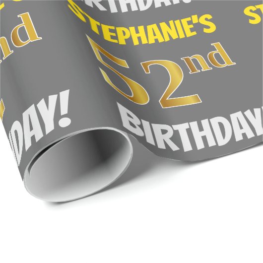 Grijs, Faux/Imitatie Goud, "52e VERJAARDAG" Cadeaupapier (Rol Hoek)