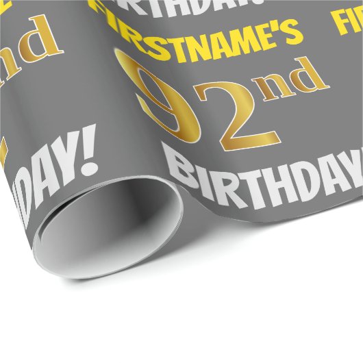 Grijs, Faux/Imitatie Goud, "92e VERJAARDAG" Cadeaupapier (Rol Hoek)