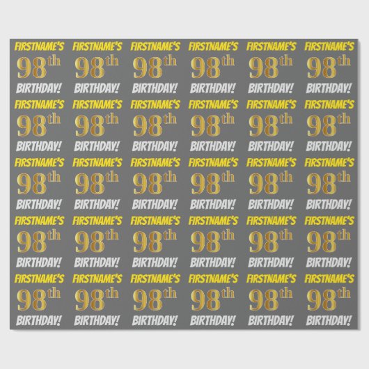 Grijs, Faux/Imitatie Goud, "98ste VERJAARDAG" Cadeaupapier (Vlak)