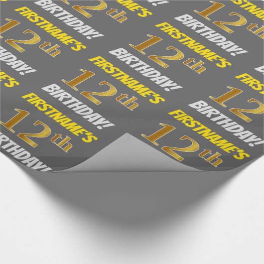 Grijs, Faux/Imitation Gold, "12th BIRTHDAY" Cadeaupapier (Hoek)