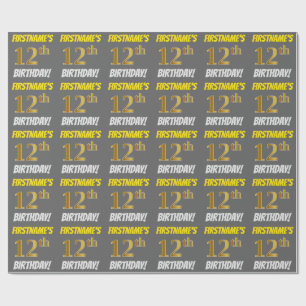 Grijs, Faux/Imitation Gold, "12th BIRTHDAY" Cadeaupapier