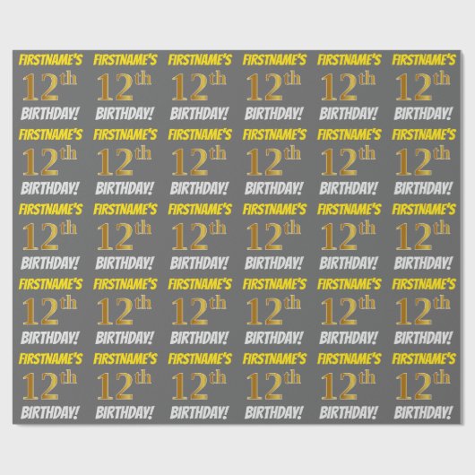 Grijs, Faux/Imitation Gold, "12th BIRTHDAY" Cadeaupapier (Vlak)